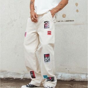 Men's Womens Patchwork High Waist Double Knee Off White Pants